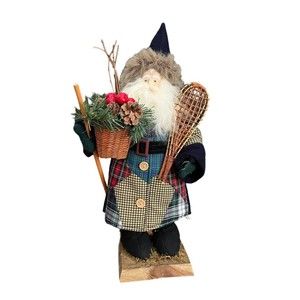 Vintage Santa Claus Figure Snowshoes Patchwork Jacket Fur Hat Wicker Basket 15"